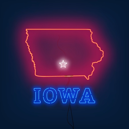 Neon map State of Iowa on dark background. Vector Illustration.のイラスト素材