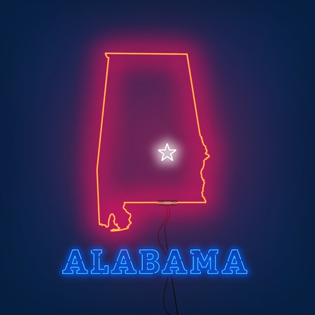 Neon map State of Alabama on dark background. Vector Illustration.のイラスト素材