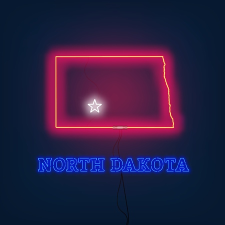 Neon map State of North Dakota on dark background. Vector Illustration.のイラスト素材