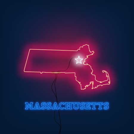 Neon map State of Massachusetts on dark background. Vector Illustration.のイラスト素材