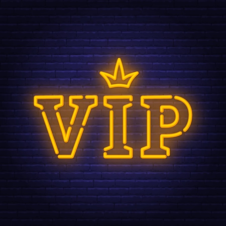 Vip neon sign. Glowing lettering with crown on brick wall background. Vector EPS 10.のイラスト素材