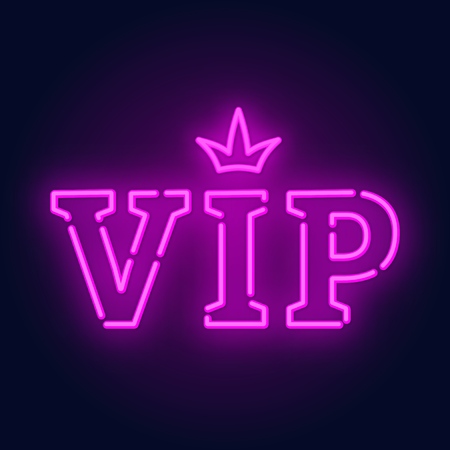 Vip neon sign. Glowing lettering with crown on brick wall background. Vector EPS 10.のイラスト素材