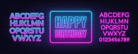 Happy birthday neon sign. Greeting card template on dark background.のイラスト素材
