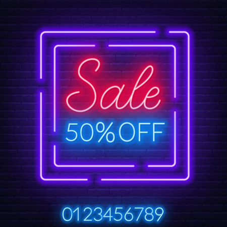Sale neon sign in a square frame. Offer a discount. Template. Vector illustrationのイラスト素材