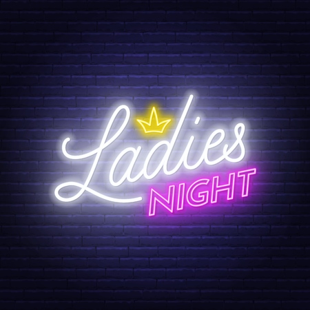 Ladies Night neon lettering on brick wall background.. Vector illustration.のイラスト素材