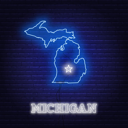 Neon map State of Michigan on a brick wall background. Vector Illustration.のイラスト素材