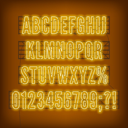 Retro yellow neon alphabet with numbers on dark background. Vector illustration.のイラスト素材