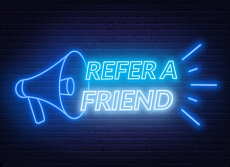 Refer a friend neon sign on brick wall background. Template for the design of the referral program.のイラスト素材