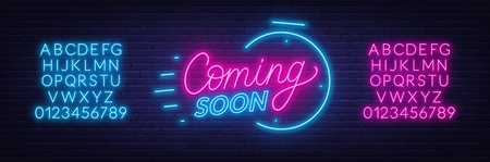Coming soon neon sign on brick wall background. Template for design. Neon alphabet .のイラスト素材