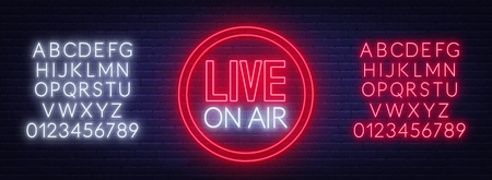 Live on air neon glowing sign on brick wall background. Template for design. Neon alphabet .のイラスト素材