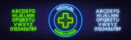Medical marijuana neon sign. Neon alphabet on brick wall background.のイラスト素材