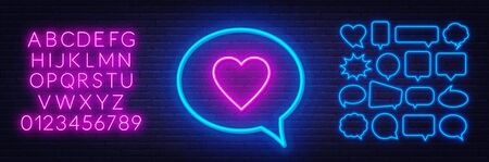 Neon sign like in speech bubble frame on dark background. Set of neon speech bubbles and the alphabet on a dark background.のイラスト素材