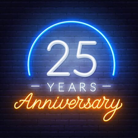 25th anniversary Celebration neon sign on a dark background.のイラスト素材