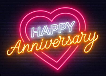 Happy anniversary neon sign. Greeting card on dark background.のイラスト素材
