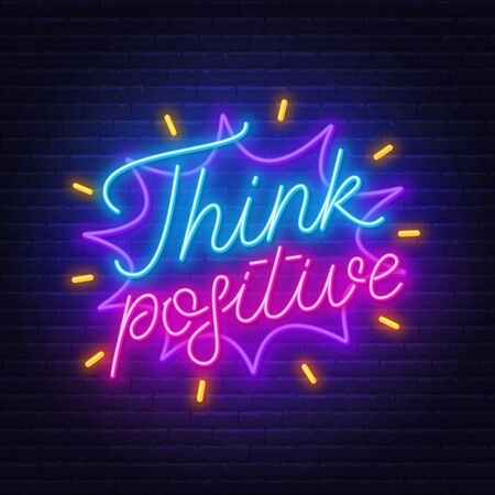 Think positive neon lettering on brick wall background.のイラスト素材