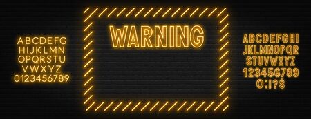 Warning neon sign on dark background. Template for design with fonts.のイラスト素材