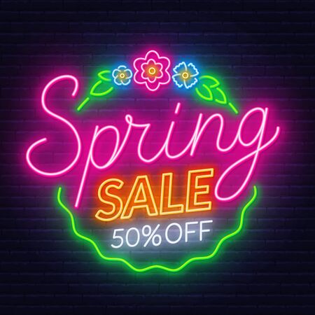 Spring sale neon sign on dark background.のイラスト素材