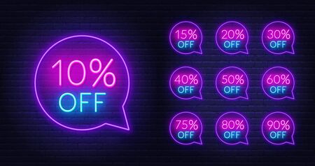 10, 15, 20, 30,40,50, 60, 75, 80, 90 percent off . Neon discount light signs on a dark background.のイラスト素材