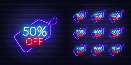 10, 15, 20, 30,40,50, 60, 75, 80, 90 percent off . Neon discount light signs on a dark background.のイラスト素材