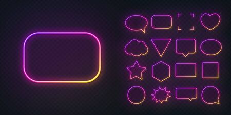 Circle, square, speech bubble, star, triangle, heart, hexagon and other glowing gradient purple yellow neon frames on a dark transparent background.のイラスト素材