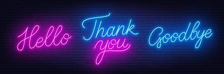Neon lettering thank you, hello and goodbye on a dark background.