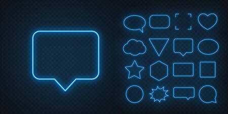 Circle, square, speech bubble, star, triangle, heart, hexagon and other glowing blue neon frames on a dark transparent background.のイラスト素材