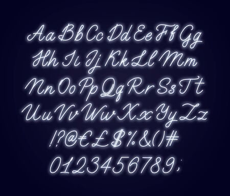 Neon white script alphabet. Glowing cursive font with letters, numbers and special characters.のイラスト素材