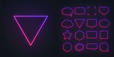 Circle, square, speech bubble, star, triangle, heart, hexagon and other glowing gradient purple pink neon frames on a dark transparent background.のイラスト素材