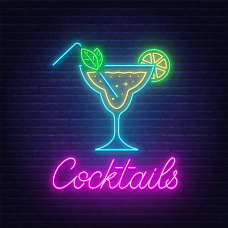 Cocktail Margarita neon sign on brick wall background.のイラスト素材