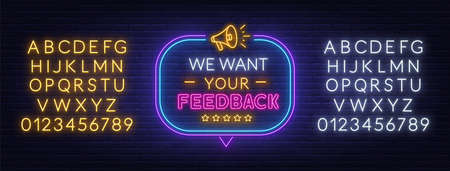 We want your feedback neon sign in speech bubble frame with megaphone.のイラスト素材