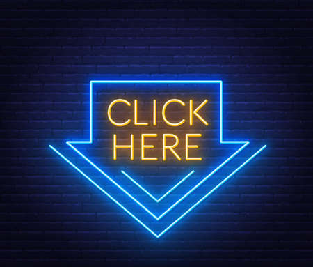 Click here neon sign on brick wall background.のイラスト素材