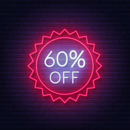 60 percent off neon badge. Discount lighting sign on a dark background.のイラスト素材