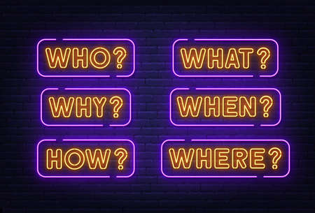 Who Why How What When Where neon sign on brick wall background .のイラスト素材