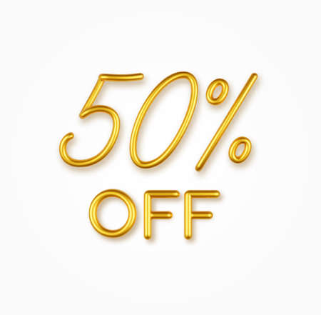 50 percent off golden realistic text on a light background.のイラスト素材