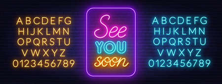 See You Soon neon lettering on brick wall background.のイラスト素材