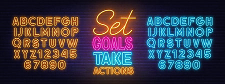 Set Goals Take Actions neon lettering on brick wall background.のイラスト素材