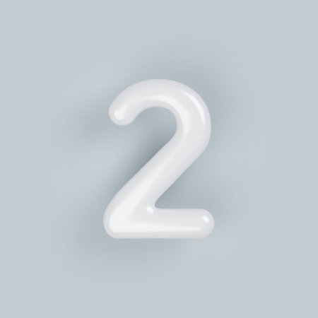 3D White plastic number 2 with a glossy surface on a gray background.のイラスト素材