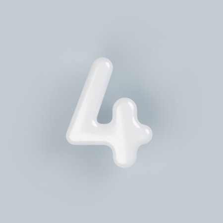 3D White plastic number 4 with a glossy surface on a gray background.