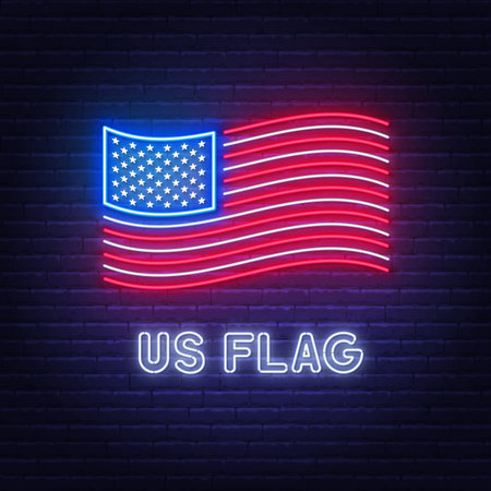 Neon Flag of the United States on brick wall background.のイラスト素材