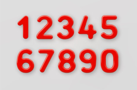 3D Red plastic number 1,2,3,4,5,6,7,8,9 and null with a glossy surface on a gray background .のイラスト素材
