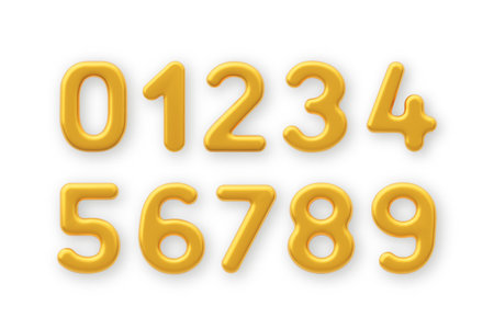 3D Gold number 1,2,3,4,5,6,7,8,9 and null on a white background .