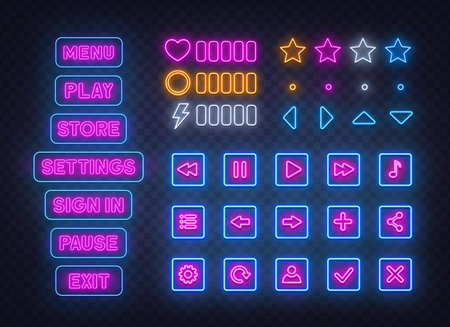 Neon Menu and interface icons on a transparent background.の写真素材