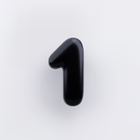 3D Black number 1 with a glossy surface on a white background