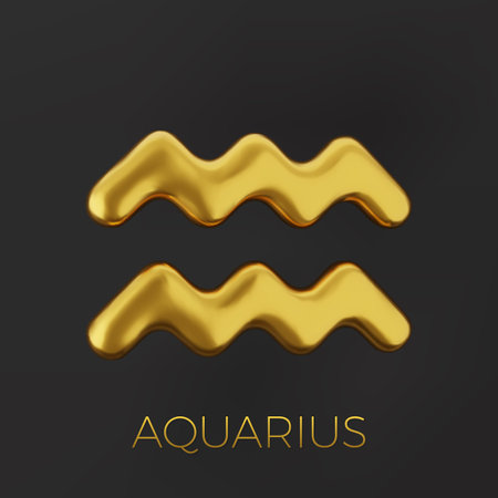 3d golden zodiac sign Aquarius on a dark background.のイラスト素材