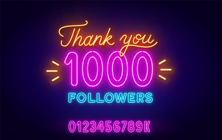 Neon message Thank You 1000 Followers on a dark background. Template with numbers to celebrate the increase in blog subscribersのイラスト素材