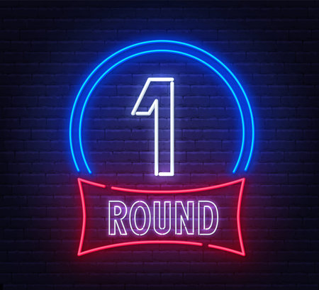 Round One neon sign on brick wall background.のイラスト素材