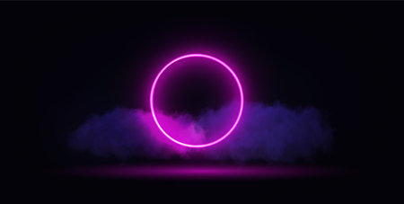 Neon light pink circle with cloud on black background.のイラスト素材