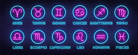 Neon Zodiac Signs Vector Set, Horoscope Symbols on brick wall background. Cancer, Aquarius, , Taurus, ,Libra, Aries, Gemini, Pisces, Virgo, Sagittarius, Leo, Capricorn and Scorpio emblem.のイラスト素材