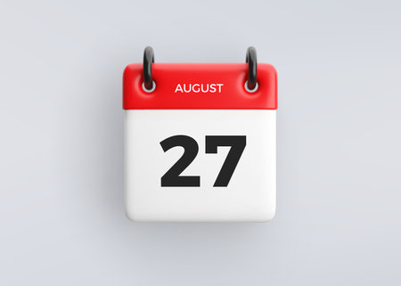 3D calendar icon with date 27 August on grey background. Vector schedule symbol.