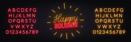 Happy Holidays Neon Text on brick wall background. Red and yellow neon alphabet.のイラスト素材